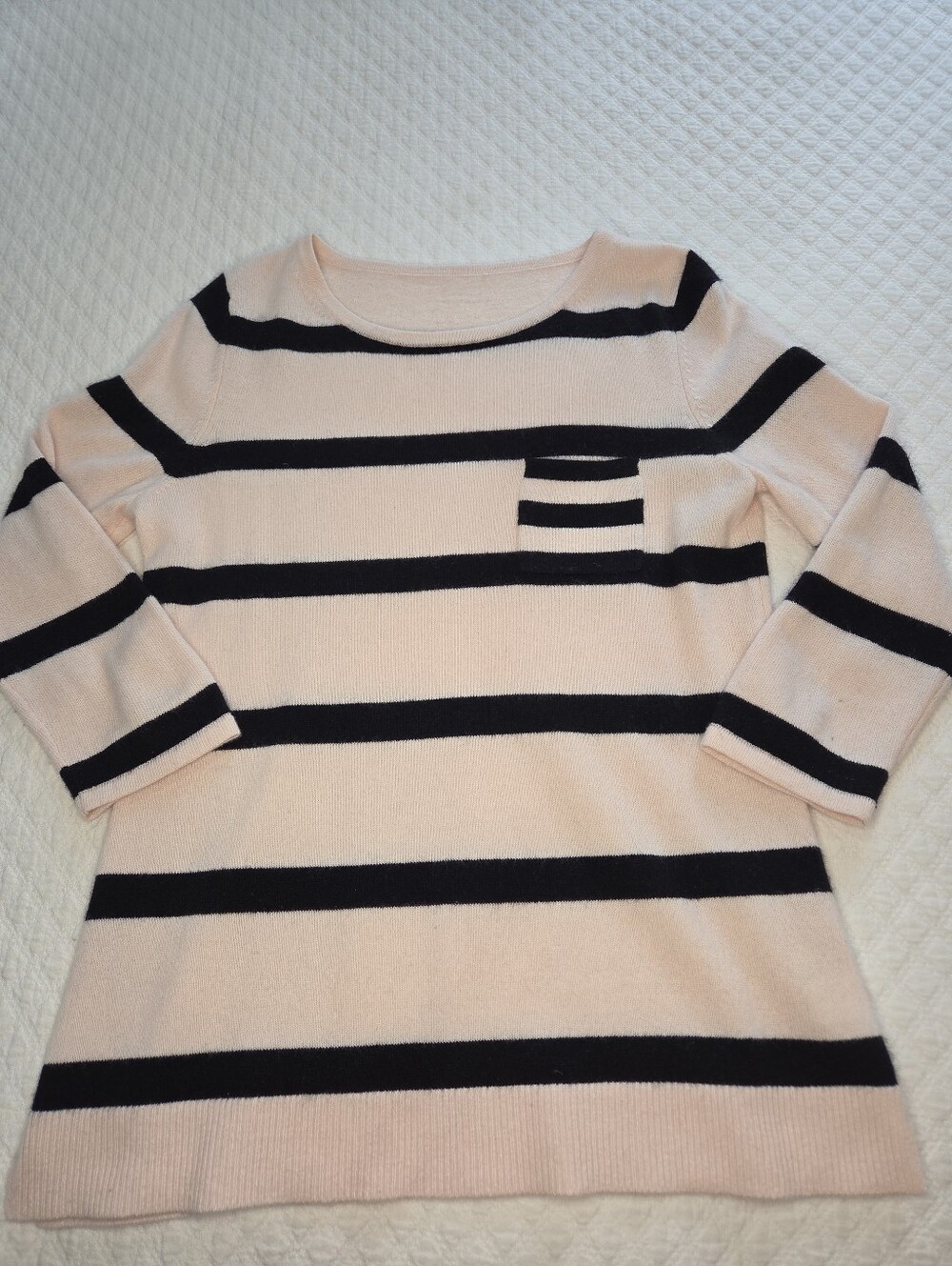 Garnet Hill 100% Cashmere Sweater Peach Black Stripe 3/4 Sleeve Small Medium